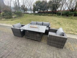 Rackhams 5 Seater Outdoor PE Rattan Garden Furniture Gas Fire Pit Dining Table Lounge Sofa 2 PC Armchairs Dark Grey Mixed Patio - thumbnail 2