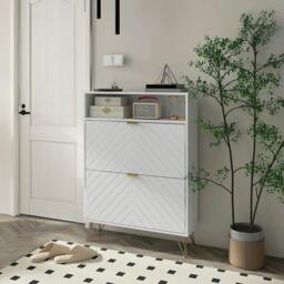 Rackhams 12 Shoe Storage Cabinet, with Chevron Indents and Gold Tone Accents - White - thumbnail 2