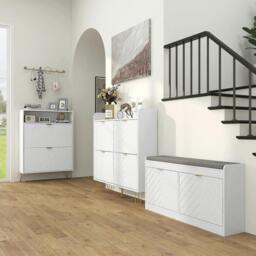 Rackhams 12 Shoe Storage Cabinet, with Chevron Indents and Gold Tone Accents - White - thumbnail 3