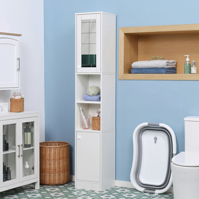 Rackhams Tall Bathroom Storage Cabinet Narrow Freestanding Cabinet with Mirror - White - image 1