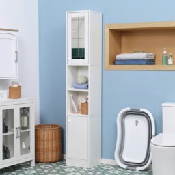 Rackhams Tall Bathroom Storage Cabinet Narrow Freestanding Cabinet with Mirror - White