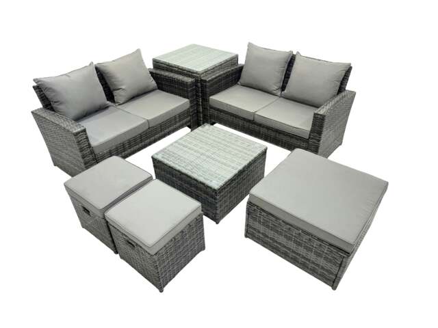 Rackhams PE Rattan Garden Furniture Set Lounge Double Seat Sofa Coffee Table Set with Side Table 3 Stools Dark Grey Mixed - image 1