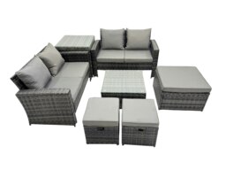 Rackhams PE Rattan Garden Furniture Set Lounge Double Seat Sofa Coffee Table Set with Side Table 3 Stools Dark Grey Mixed - thumbnail 2