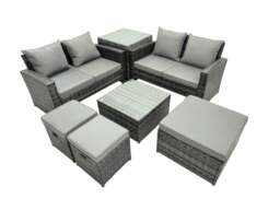 Rackhams PE Rattan Garden Furniture Set Lounge Double Seat Sofa Coffee Table Set with Side Table 3 Stools Dark Grey Mixed - thumbnail 1