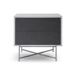Rackhams Adriana Bedside Chests - White Wood - Grey Ceramic Marble - Dark Chrome