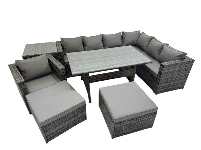 Rackhams Rattan Garden Furniture Set Outdoor 9 Seater Patio Dining Corner Sofa Sets with Dining Table Chair 2 Big Stools Side Table Dark Grey Mixed - image 1