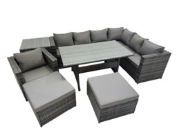 Rackhams Rattan Garden Furniture Set Outdoor 9 Seater Patio Dining Corner Sofa Sets with Dining Table Chair 2 Big Stools Side Table Dark Grey Mixed - thumbnail 1