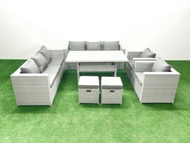 Rackhams Rattan Garden Furniture Set Outdoor 8 Seater Patio Dinin g Sofa Sets with Dining Table 2 Chairs 2 Small Footstools Light Grey Mixed - image 1