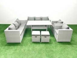 Rackhams Rattan Garden Furniture Set Outdoor 8 Seater Patio Dinin g Sofa Sets with Dining Table 2 Chairs 2 Small Footstools Light Grey Mixed - thumbnail 1