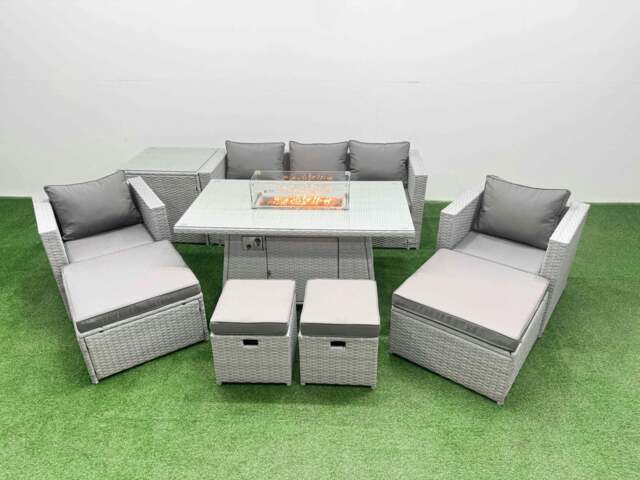 Rackhams 9 Seat PE Rattan Lounge Sofa Set Outdoor Garden Furniture Set with Fire Pit Dining Table 3 Seater Sofa 4 Footstools Side Table Light Grey - image 1