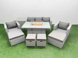 Rackhams 9 Seat PE Rattan Lounge Sofa Set Outdoor Garden Furniture Set with Fire Pit Dining Table 3 Seater Sofa 4 Footstools Side Table Light Grey - thumbnail 1