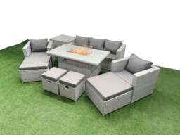 Rackhams 9 Seat PE Rattan Lounge Sofa Set Outdoor Garden Furniture Set with Fire Pit Dining Table 3 Seater Sofa 4 Footstools Side Table Light Grey - thumbnail 2