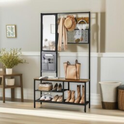 Rackhams Industrial Coat Rack Stand Hall Tree With Shoe Storage Brown