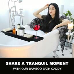 Rackhams Bamboo Bath Caddy Wooden Bathtub Bridge Rack With Storage Shelf Organizer Tray - Bamboo - Black - Bath Caddy - thumbnail 4