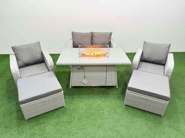 Rackhams Light Grey PE Wicker Rattan Garden Furniture Set Sofa Set Reclining Chair Fire Pit Dining Table 6 Seater 2 Big Stools - image 1