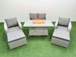 Rackhams Light Grey PE Wicker Rattan Garden Furniture Set Sofa Set Reclining Chair Fire Pit Dining Table 6 Seater 2 Big Stools - thumbnail 1