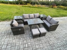 Rackhams 8 PCS Outdoor Lounge Sofa Set Wicker PE Rattan Garden Furniture Set with Rectangular Dining Table Armchair 2 Small Footstools Dark Grey Mixed - thumbnail 2