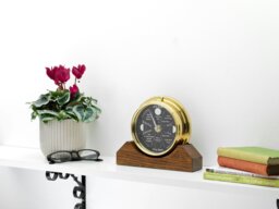 Rackhams Prestige Brass Moon Gardening Clock & Dark Stain English Oak Mantle Mount