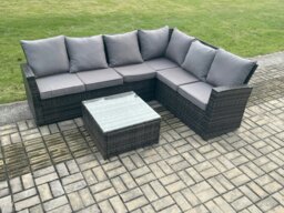 Rackhams 6 Seater Wicker PE Outdoor Garden Furniture Set High Back Rattan Corner Sofa Set with Armchair Square Coffee Table