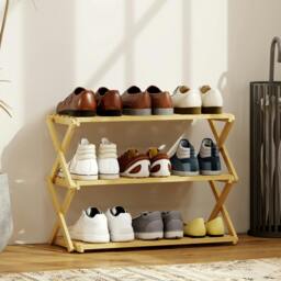 Rackhams 3-Tier Bamboo Shoe Rack, Folding Shoe Shelf, Holds up to 9 Pairs - 60W x 29D x 45.5H cm