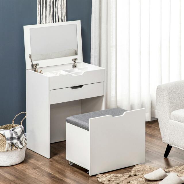 Rackhams Dressing Table with Mirror and Stool, Vanity Table with Storage, White - image 1