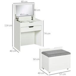 Rackhams Dressing Table with Mirror and Stool, Vanity Table with Storage, White - thumbnail 4