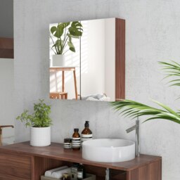 Rackhams 63Wx60H cm Double Door Wall-Mount Bathroom Mirrored Cabinet Medicine - Walnut brown - thumbnail 1