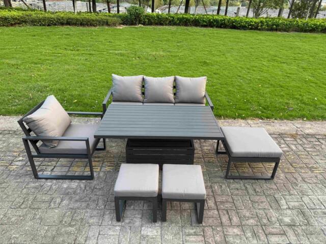 Rackhams 7 Seater Aluminium Outdoor Dining Set with Adjustable Rising Dining Table Chairs with 3 Footstools - Dark Grey - image 1