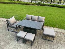 Rackhams 7 Seater Aluminium Outdoor Dining Set with Adjustable Rising Dining Table Chairs with 3 Footstools - Dark Grey - thumbnail 2