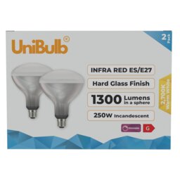 Rackhams Infra-Red Heater Lamp Bulb E27 1300lm 250W 2700K - Pack of 2