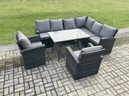 Rackhams High Back Outdoor Garden Furniture Set Rattan Corner Sofa Dining Table Set With 2 Armchairs 8 Seater Dark Grey Mixed - thumbnail 1