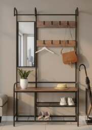 Rackhams Entryway Coat Hanger Stand with Shoe Bench & Mirror Black Rustic Oak Hallway Storage Unit - Black - thumbnail 4