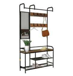 Rackhams Entryway Coat Hanger Stand with Shoe Bench & Mirror Black Rustic Oak Hallway Storage Unit - Black - thumbnail 2