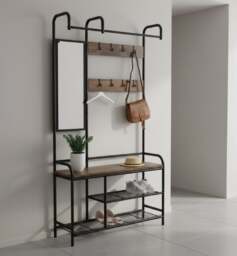 Rackhams Entryway Coat Hanger Stand with Shoe Bench & Mirror Black Rustic Oak Hallway Storage Unit - Black - thumbnail 5
