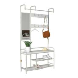 Rackhams Entryway Coat Hanger Stand with Shoe Bench & Mirror Black Rustic Oak Hallway Storage Unit - Black - thumbnail 3