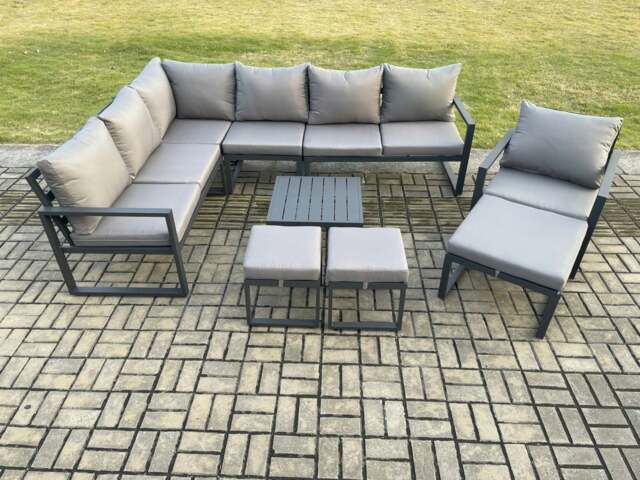Rackhams 10 Seater Outdoor Lounge Corner Sofa Set Aluminium Garden Furniture Sets with Square Coffee Table Chair 3 Footstools Dark Grey