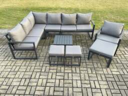 Rackhams 10 Seater Outdoor Lounge Corner Sofa Set Aluminium Garden Furniture Sets with Square Coffee Table Chair 3 Footstools Dark Grey - thumbnail 1