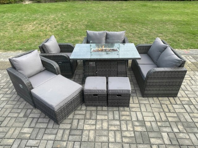 Rackhams 9 Seater Rattan Garden Furniture Set Propane Gas Fire Pit Table and Sofa Chair set with 3 Footstool - image 1