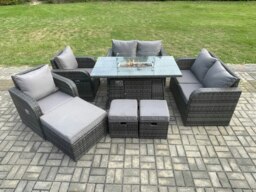Rackhams 9 Seater Rattan Garden Furniture Set Propane Gas Fire Pit Table and Sofa Chair set with 3 Footstool - thumbnail 1
