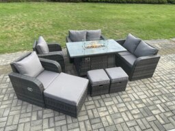 Rackhams 9 Seater Rattan Garden Furniture Set Propane Gas Fire Pit Table and Sofa Chair set with 3 Footstool - thumbnail 2