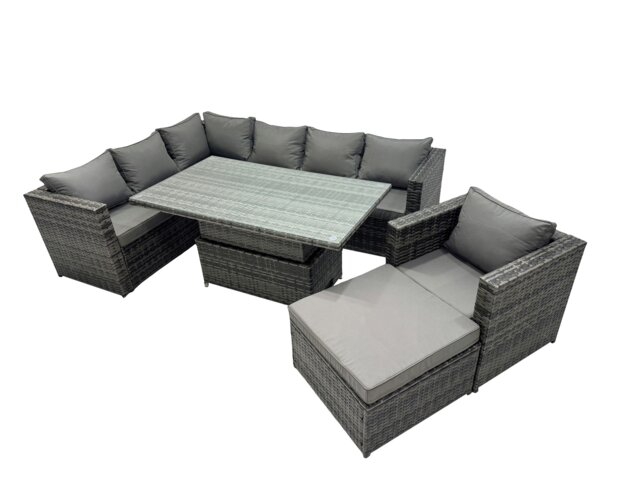 Rackhams 8 seater Height Adjustable Rising Lifting Table Corner Sofa Set Rattan Garden Furniture Dining Set with Big Stool Dark Grey Mixed - image 1