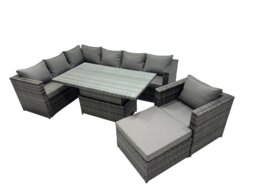 Rackhams 8 seater Height Adjustable Rising Lifting Table Corner Sofa Set Rattan Garden Furniture Dining Set with Big Stool Dark Grey Mixed - thumbnail 1