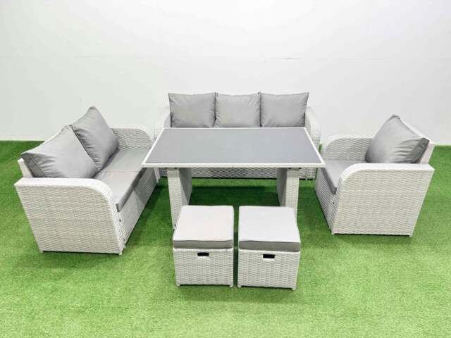 Rackhams Rattan Outdoor Table Reclining Chair Sofa Set with 2 Small Stools Light Grey 8 Seater - image 1
