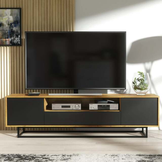 Rackhams Refined 200cm Loft Retro Industrial TV Unit Vintage Oak Cabinet - 200cm - MDF/Chipboard - Oak Matt Body & Black Matt Doors - image 1