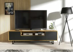 Rackhams Refined 200cm Loft Retro Industrial TV Unit Vintage Oak Cabinet  - 200cm  -  MDF/Chipboard - Oak Matt Body & Black Matt Doors - thumbnail 4