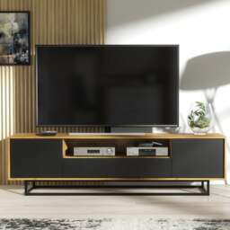Rackhams Refined 200cm Loft Retro Industrial TV Unit Vintage Oak Cabinet  - 200cm  -  MDF/Chipboard - Oak Matt Body & Black Matt Doors