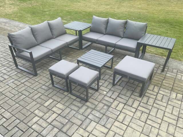 Rackhams Aluminium 9 Seater Outdoor Garden Furniture Lounge Sofa Set with Square Coffee Table 3 Footstools 2 Side Tables Dark Grey - image 1