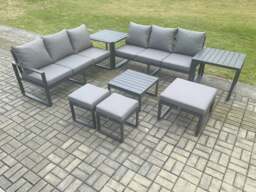 Rackhams Aluminium 9 Seater Outdoor Garden Furniture Lounge Sofa Set with Square Coffee Table 3 Footstools 2 Side Tables Dark Grey - thumbnail 1