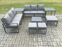 Rackhams Aluminium 9 Seater Outdoor Garden Furniture Lounge Sofa Set with Square Coffee Table 3 Footstools 2 Side Tables Dark Grey - thumbnail 2