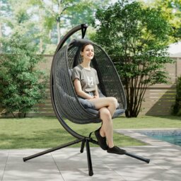 Rackhams Hanging Swing Chair w/ Thick Cushion, Patio Hanging Chair, Dark Grey - Steel, Mesh Fabric - 118cm x 103cm x 172H cm - Dark Grey